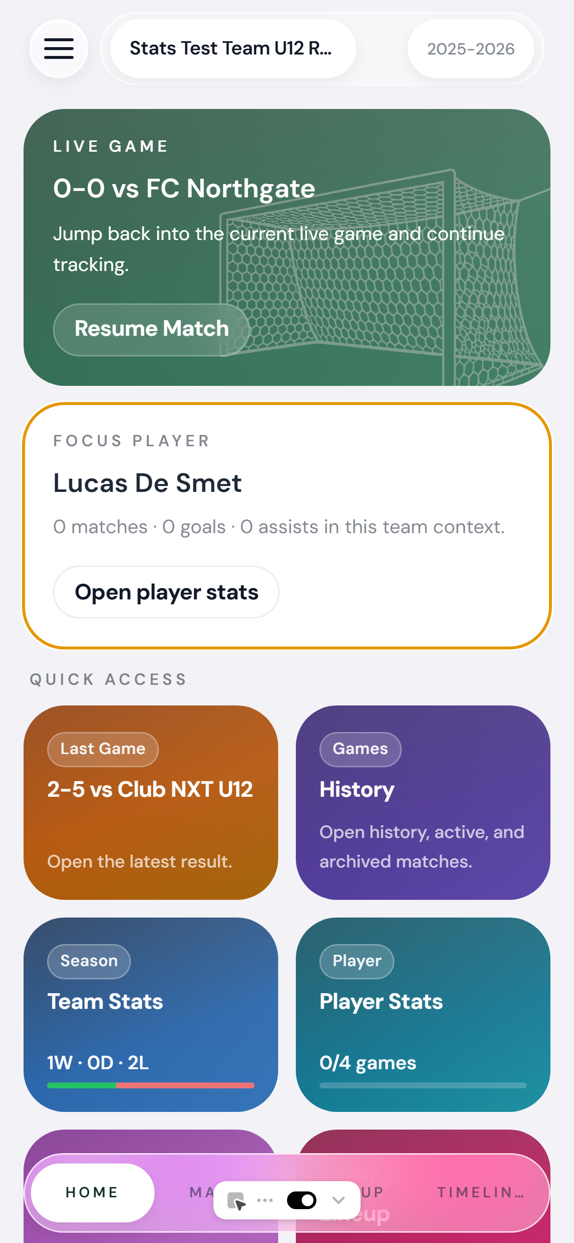 Home screen showing a featured player's stats card pinned at the top — goals, assists, and minutes at a glance