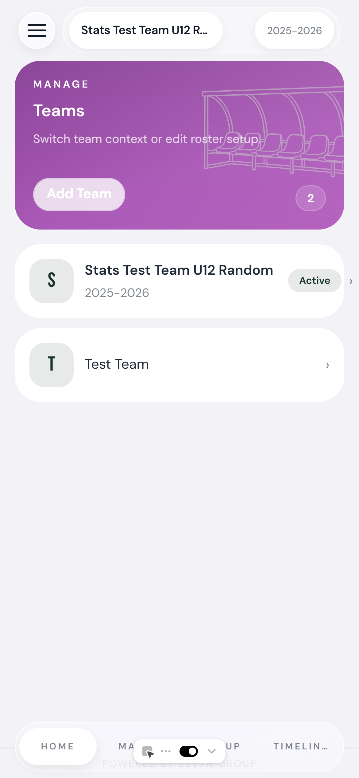 Teams list showing multiple teams — Tigers FC and Sunday Lads — each with their season label