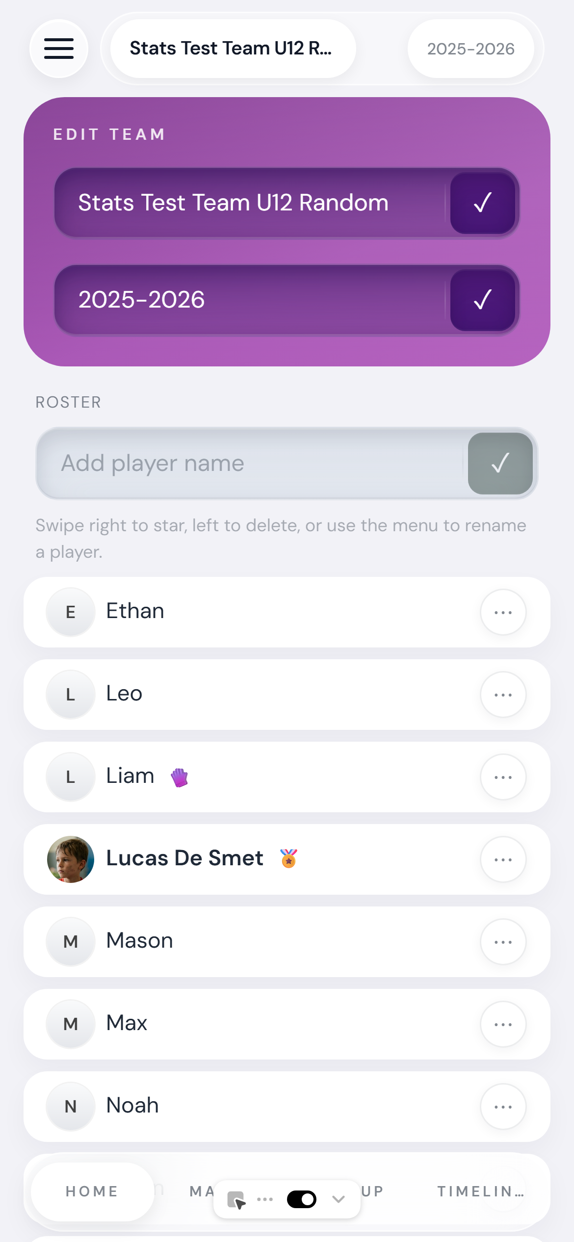 Team roster showing player list with initials, a player photo, and the featured player star