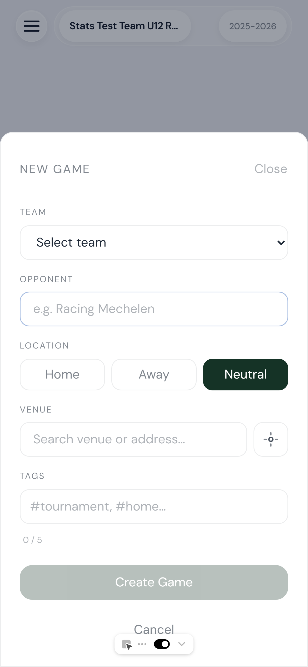 New game creation form showing team, opponent, location, venue and tags fields