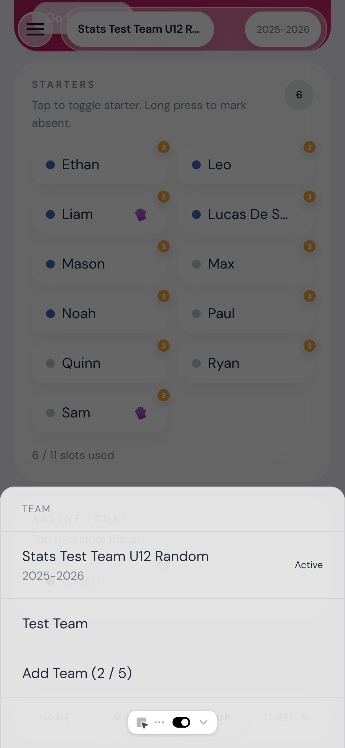 Player context menu showing options: Add Photo, Feature Player, Toggle Goalkeeper, Rename, Remove
