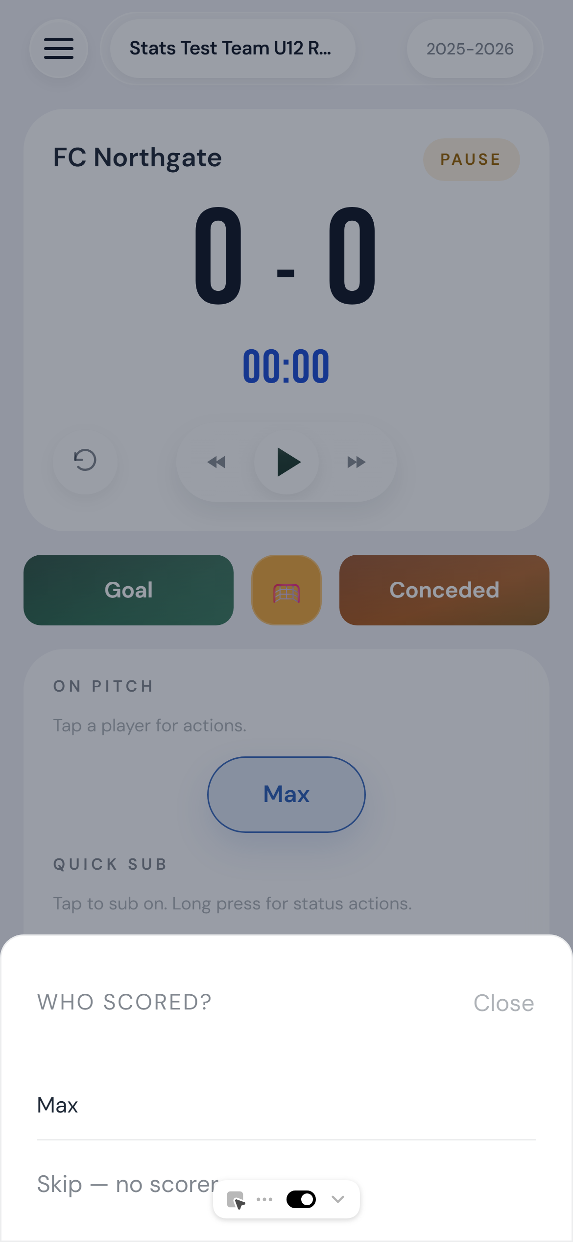 WHO SCORED sheet after tapping Goal — player list with Max and a Skip option