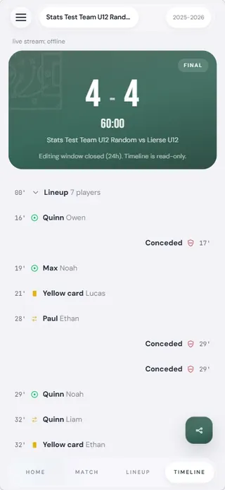 SEV7N app – shared match timeline showing live events from multiple collaborators